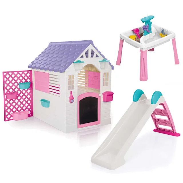 Dolu Playhouse with Fence, 2-in-1 Water Slide, 3-in-1 Water & Sand Activity Table 3-Piece Bundle - Pink (2+ Years)
