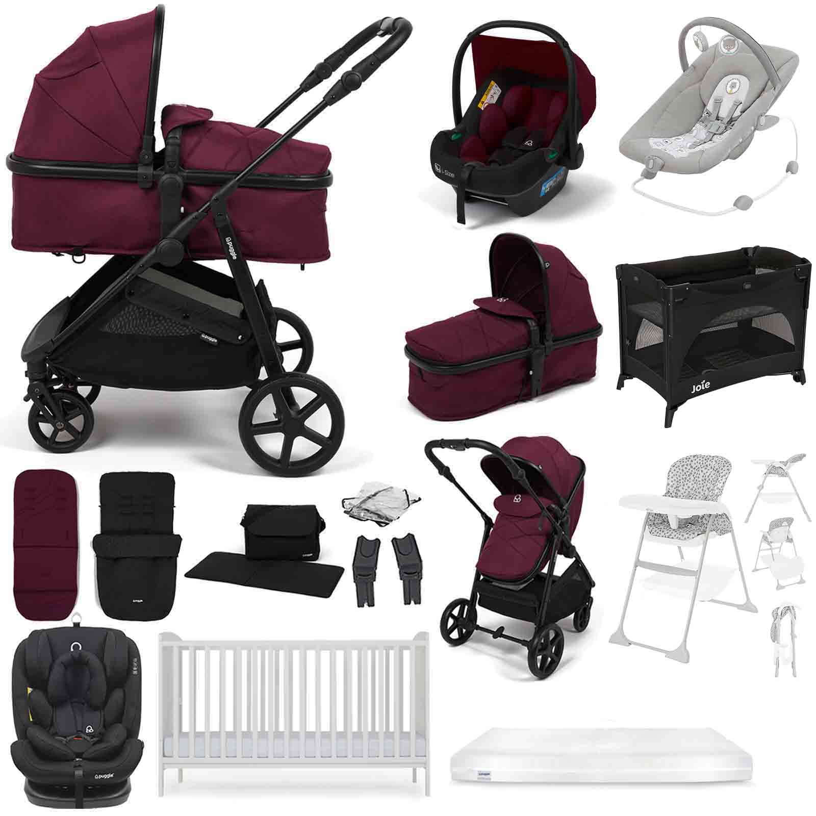 Puggle Monaco XT i-Size Travel System with Henbury Cot Bed & Mattress 15-Piece Bundle - Burgundy