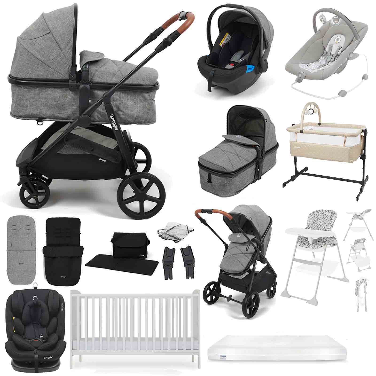 Puggle Monaco XT 2-in-1 Travel System with Henbury Cot Bed & Fibre Mattress 15-Piece Bundle - Graphite Grey
