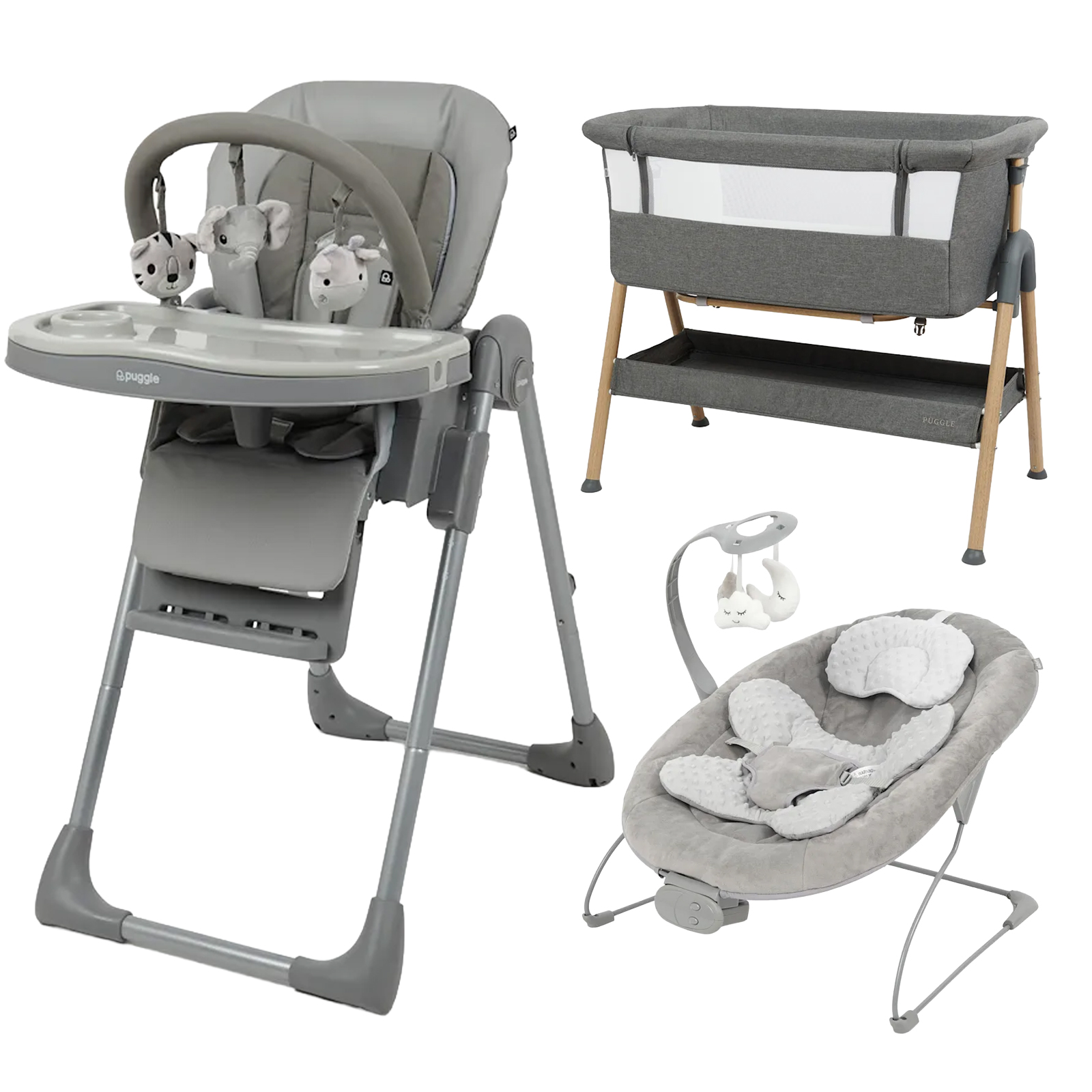 Highchair Beside Crib & Bouncer 3 Piece Bundle