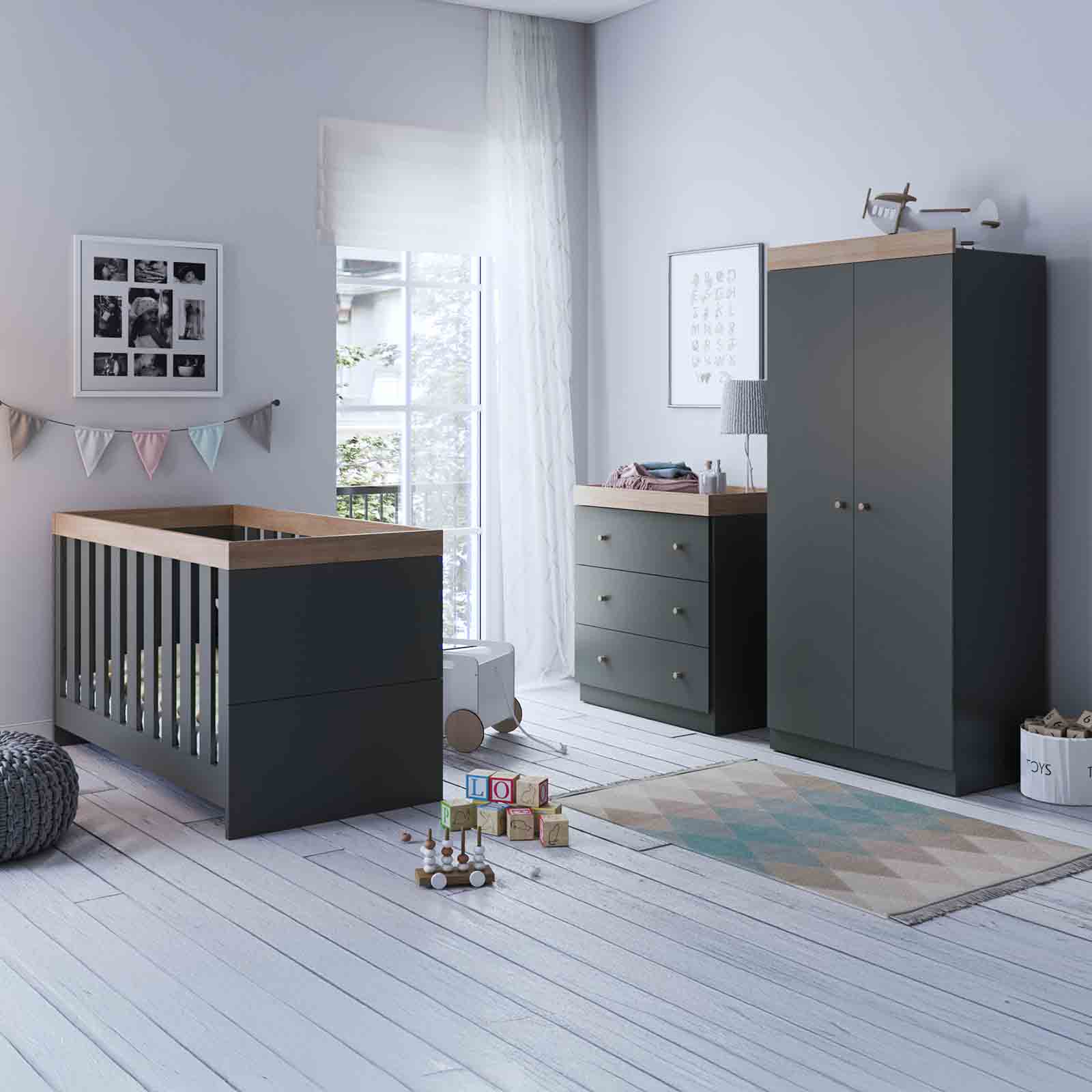 Little Acorns Burlington 4-Piece Nursery Furniture Set with Sprung Mattress - Anthracite/Oak