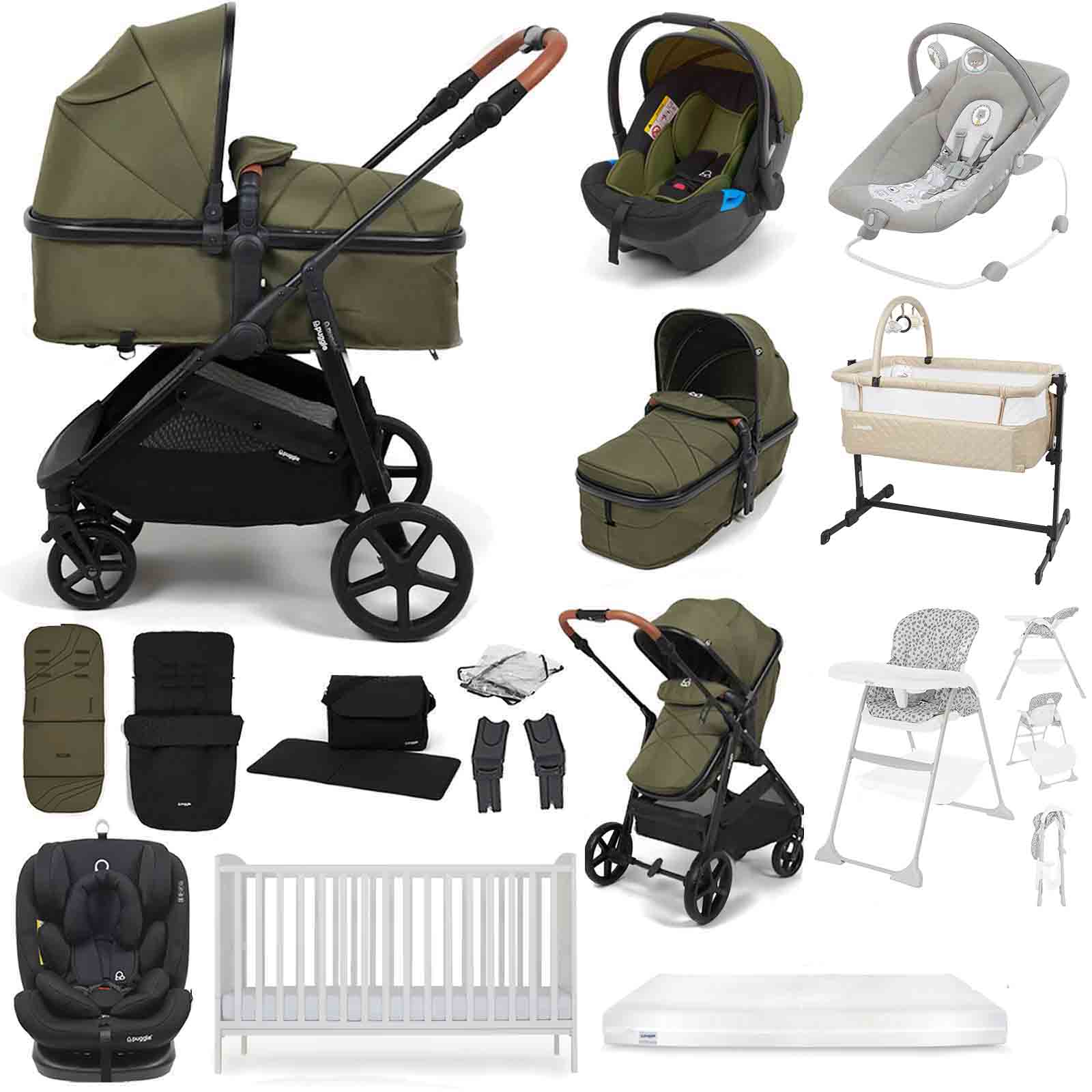 Puggle Monaco XT 2-in-1 Travel System with Henbury Cot Bed & Fibre Mattress 15-Piece Bundle - Forest Green