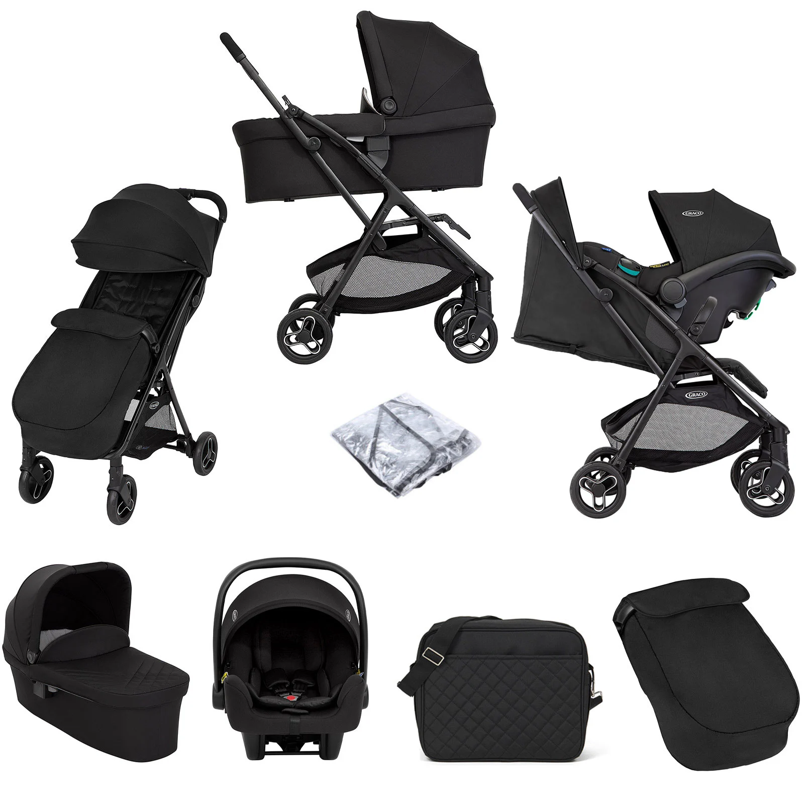 Graco Arris Trio Myavo Travel System with Footmuff Carrycot Changing Bag Adapters Night Sky