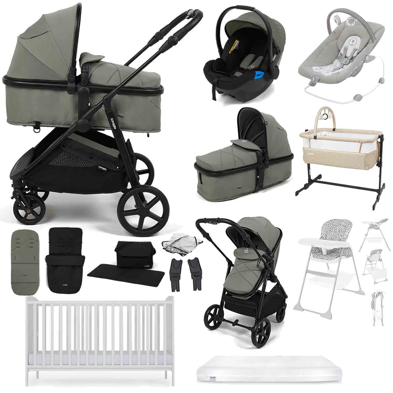 Puggle Monaco XT 2-in-1 Travel System with Henbury Cot Bed & Eco Fibre Mattress 14-Piece Bundle - Seagrass