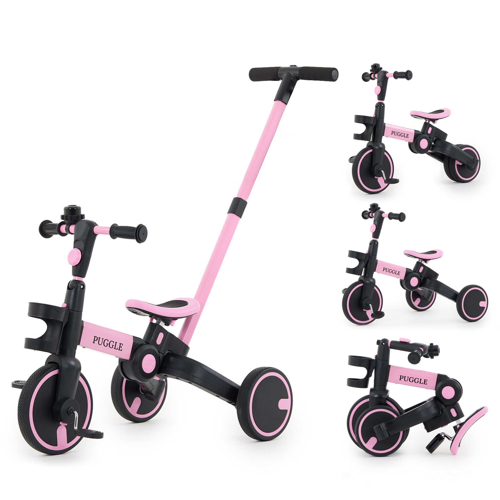 Puggle 3-in-1 Folding Trike & Balance Bike With Parent Handle - Pink (18 Months - 5 Years)