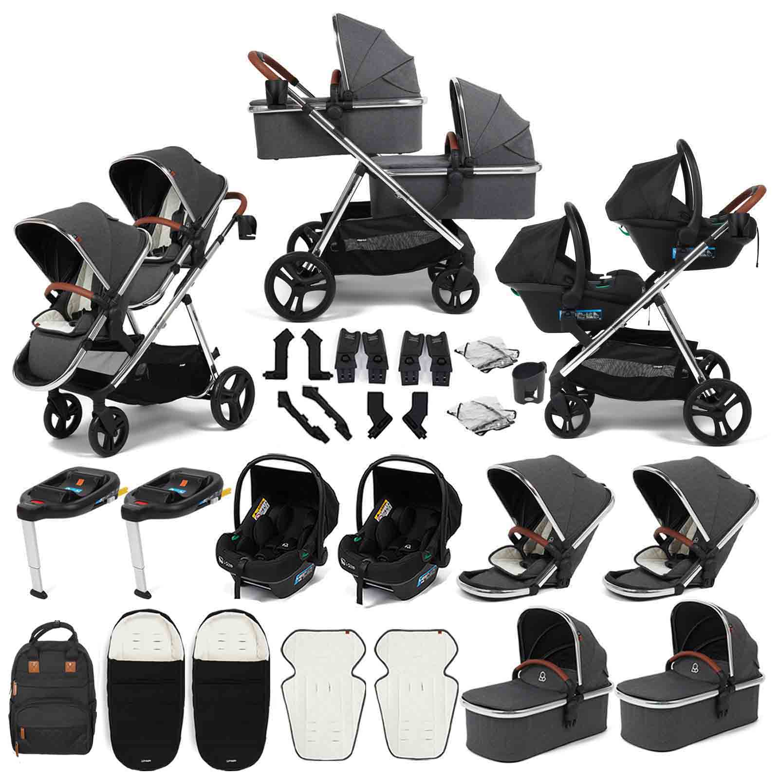 Puggle Memphis 3-in-1 Duo Double Twin Travel System with Carrycots, Bases, Footmuffs & Bag-Platinum Grey Luxe