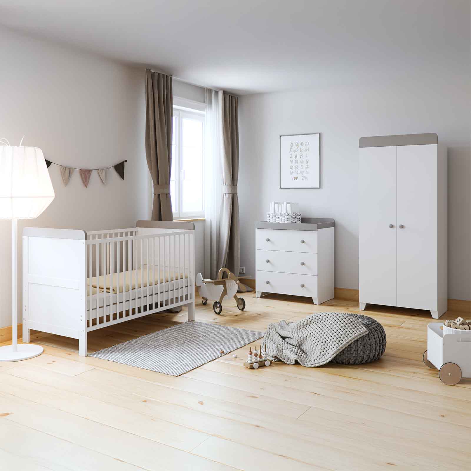 Little Acorns Milano 4-Piece Nursery Furniture Set with Eco Fibre Mattress - White/Grey