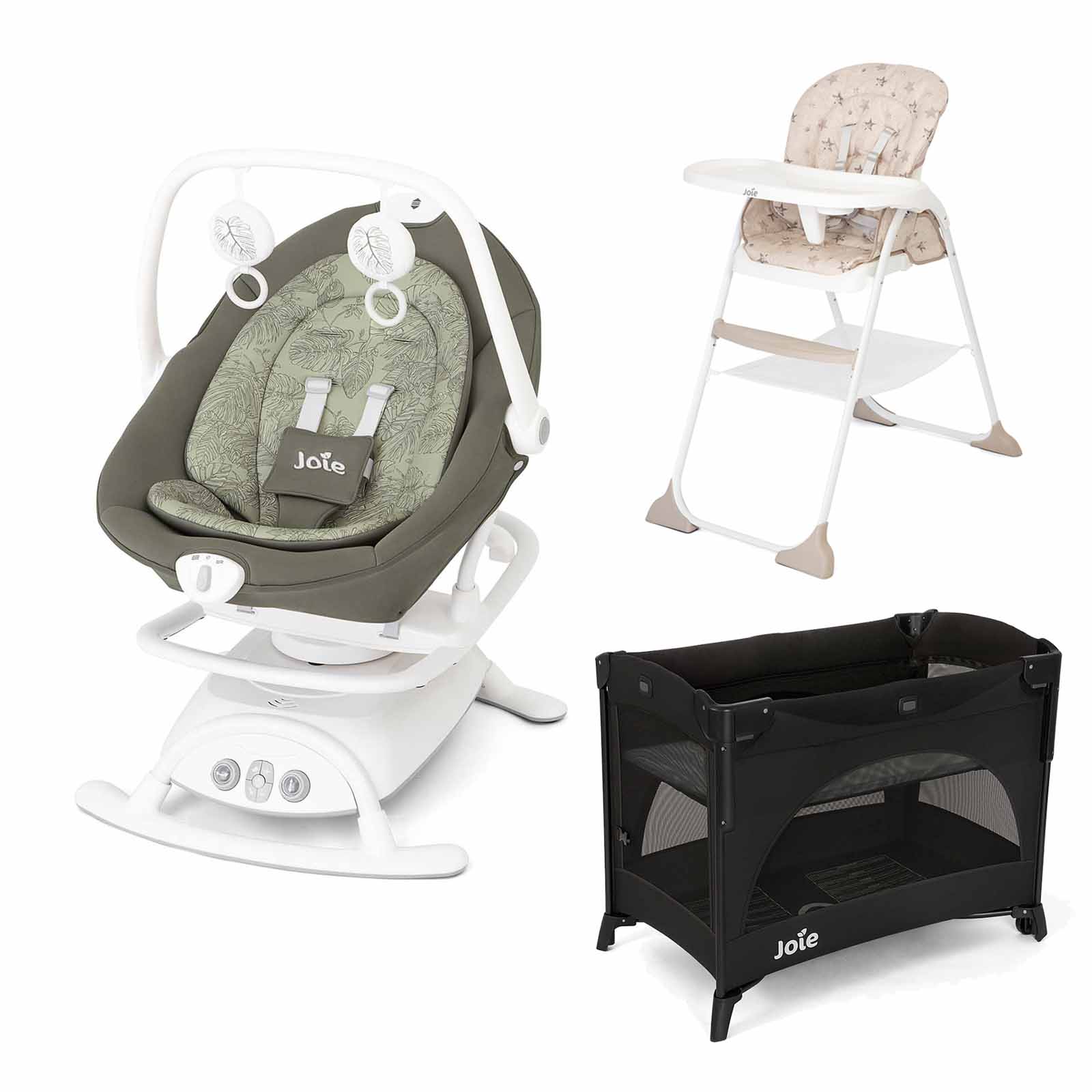 Joie Travel Cot, Swing & Highchair 3-Piece Bundle - Palms/Shale/Cosmo Tan