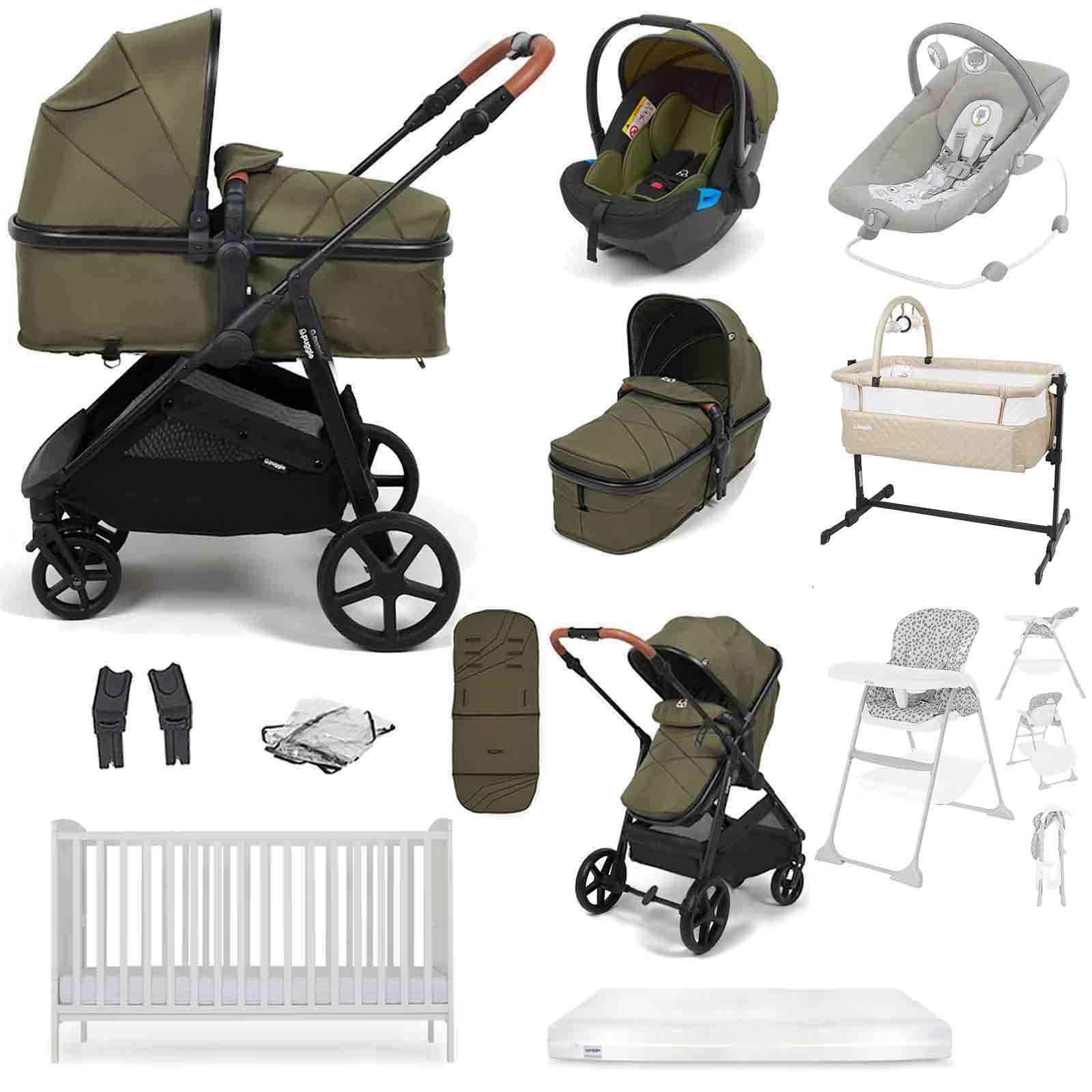 Puggle Monaco XT Travel System with Cot Bed & Mattress, 11 Pcs Everything You Need Bundle - Forest Green