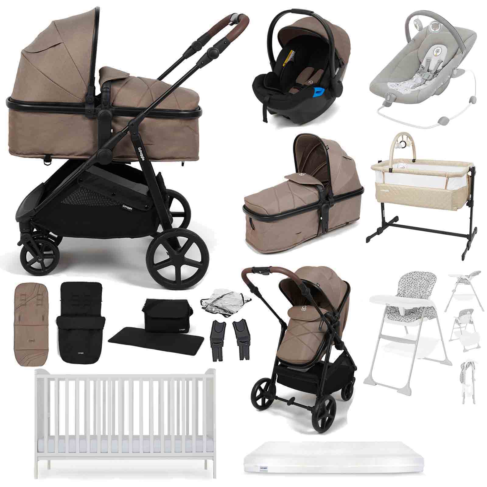 Puggle Monaco XT 2-in-1 Travel System with Henbury Cot Bed & Eco Fibre Mattress 14-Piece Bundle - Truffle