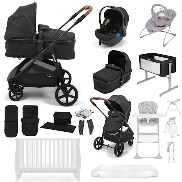 Puggle Monaco XT 2-in-1 Travel System with Cot & Mattress, 14 Pcs Everything You Need Bundle - Storm Black