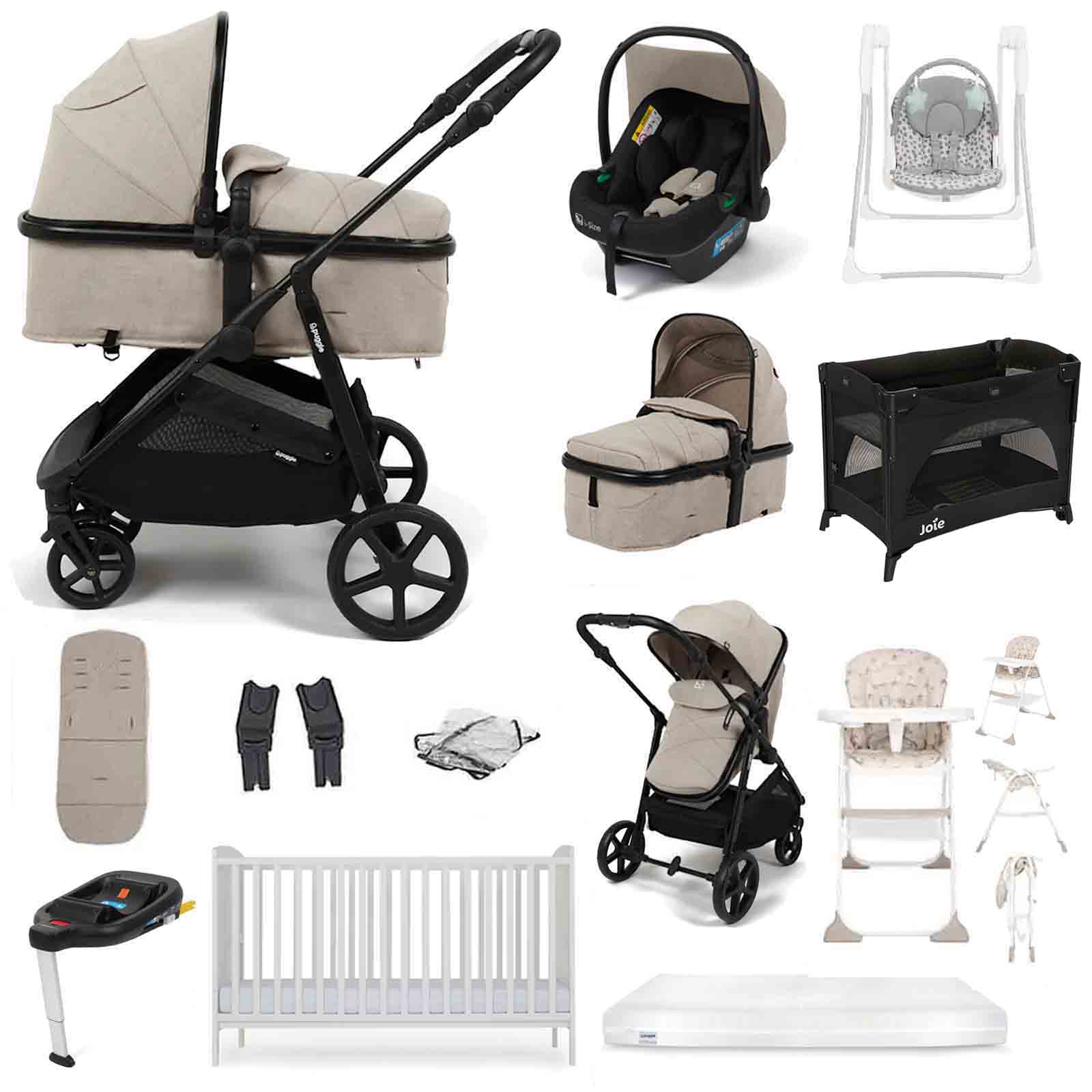 Puggle Monaco XT i-Size Travel System with Henbury Cot Bed & Mattress 11-Piece Bundle - Cashmere