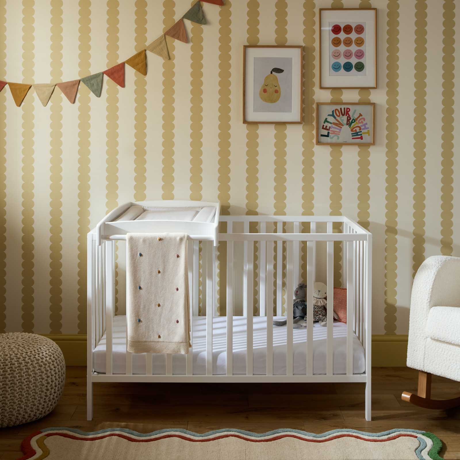 Puggle Oban Cot with Universal Cot Top Changer & Deluxe 10cm Fibre Cot Mattress - Classic White