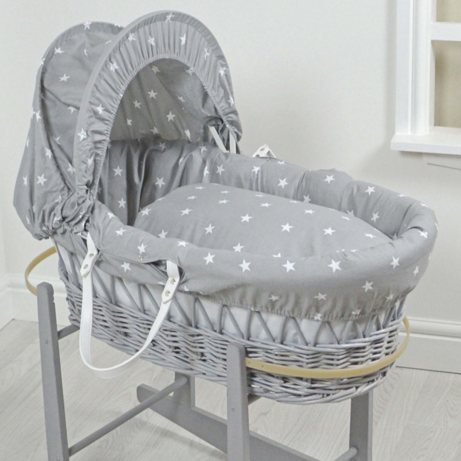 4Baby Padded Grey Wicker Baby Moses Basket Grey White Stars The Nursery Store