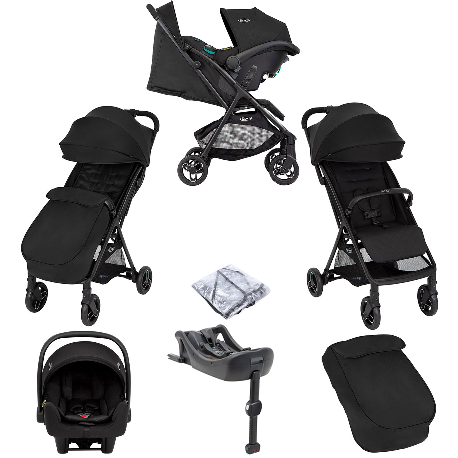 Graco Arris Myavo Travel System with Snuglite Car Seat Footmuff ISOFIX Base Rain Cover Night Sky The Nursery Store