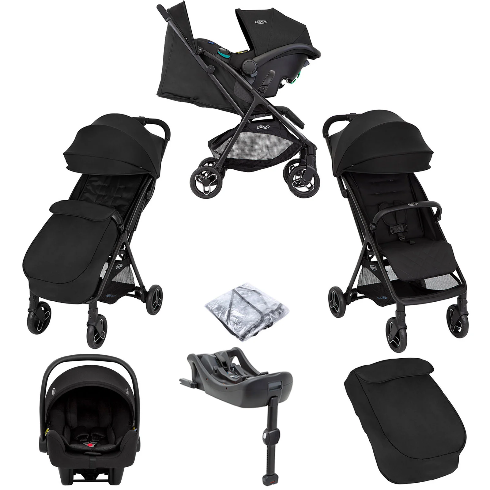 A full travel system showing the chassis, car seat, and bassinet components.