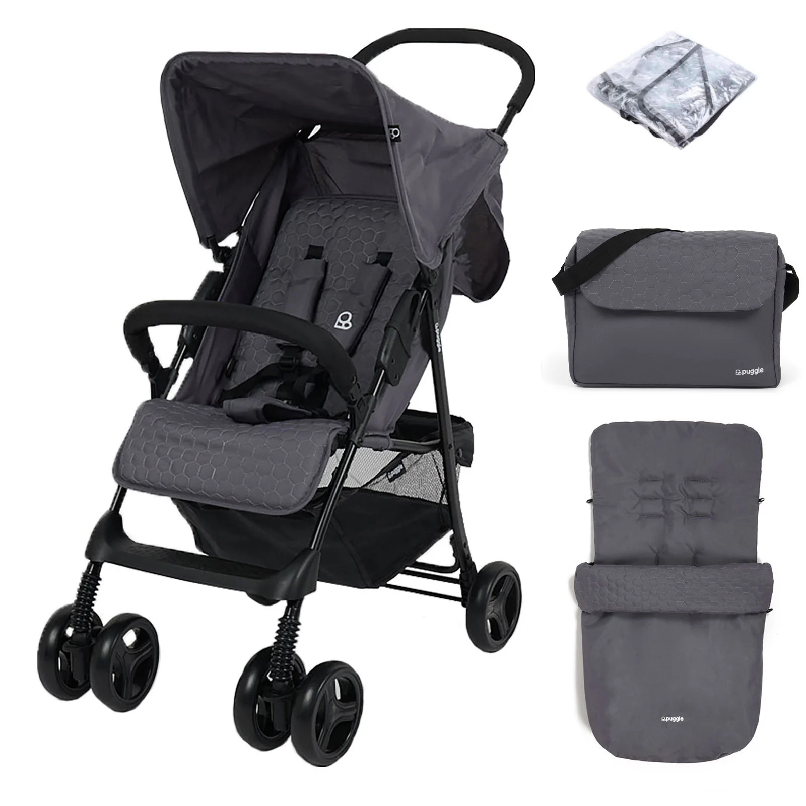 Puggle Holiday Luxe Pushchair with Rain Cover Universal Footmuff Changing Bag and Mat Slate Grey The Nursery Store