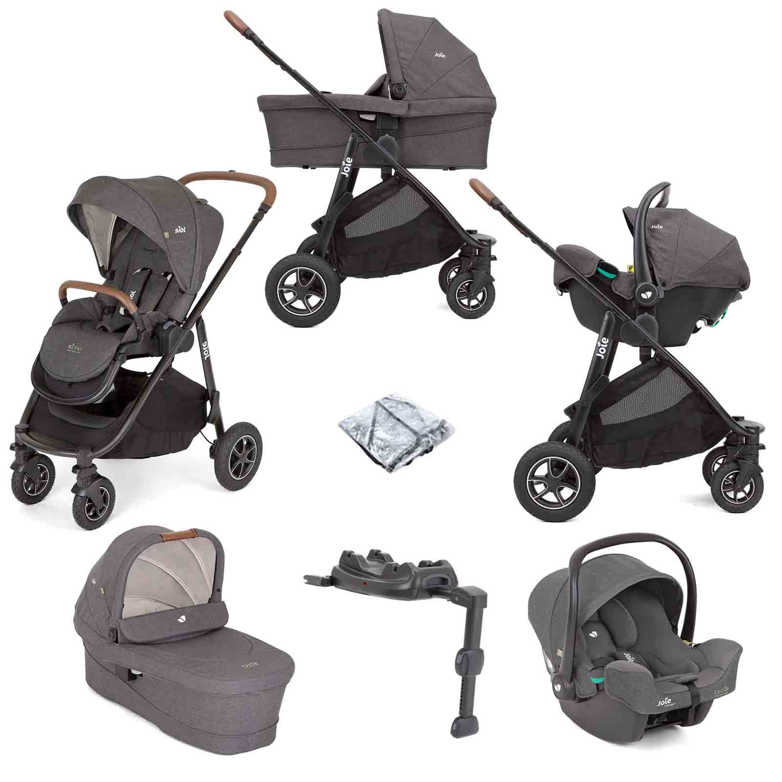 Joie Versatrax Trio Cycle Travel System with i-Snug 2 Car Seat, Ramble XL Carry Cot & i-Base LX2 - Shell Grey