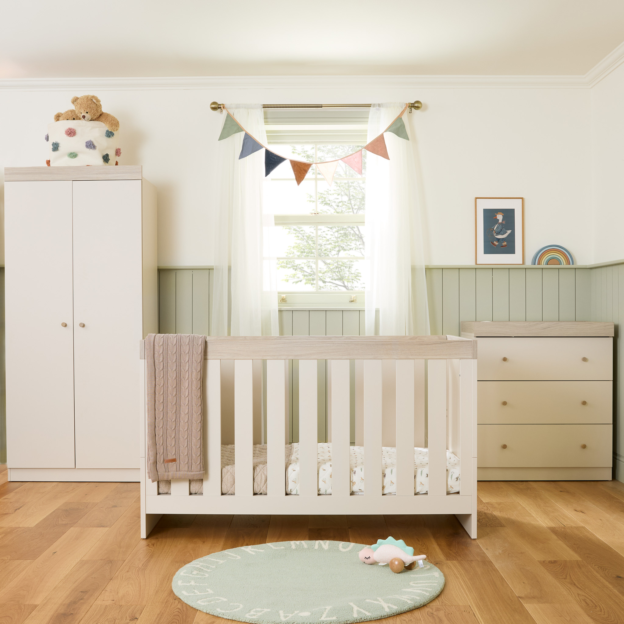 Puggle Budworth 4-Piece Cot Bed with Dresser Changer, Wardrobe & Maxi Air Cool Sprung Mattress - Cashmere/Ash