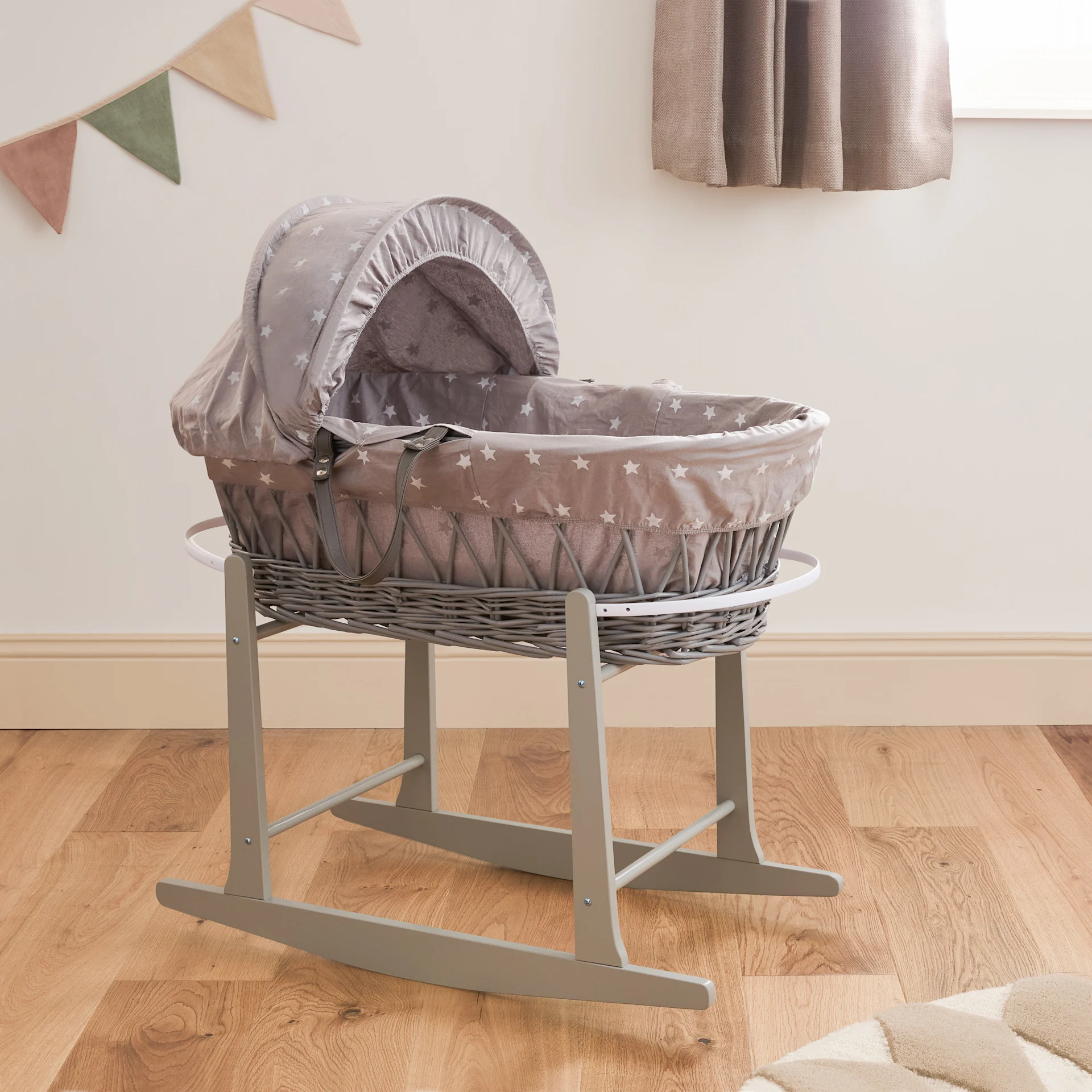 Clair De Lune | Dimple Grey Wicker Moses Basket & Grey Deluxe Rocking Stand | Moses Basket Bundle | Pink