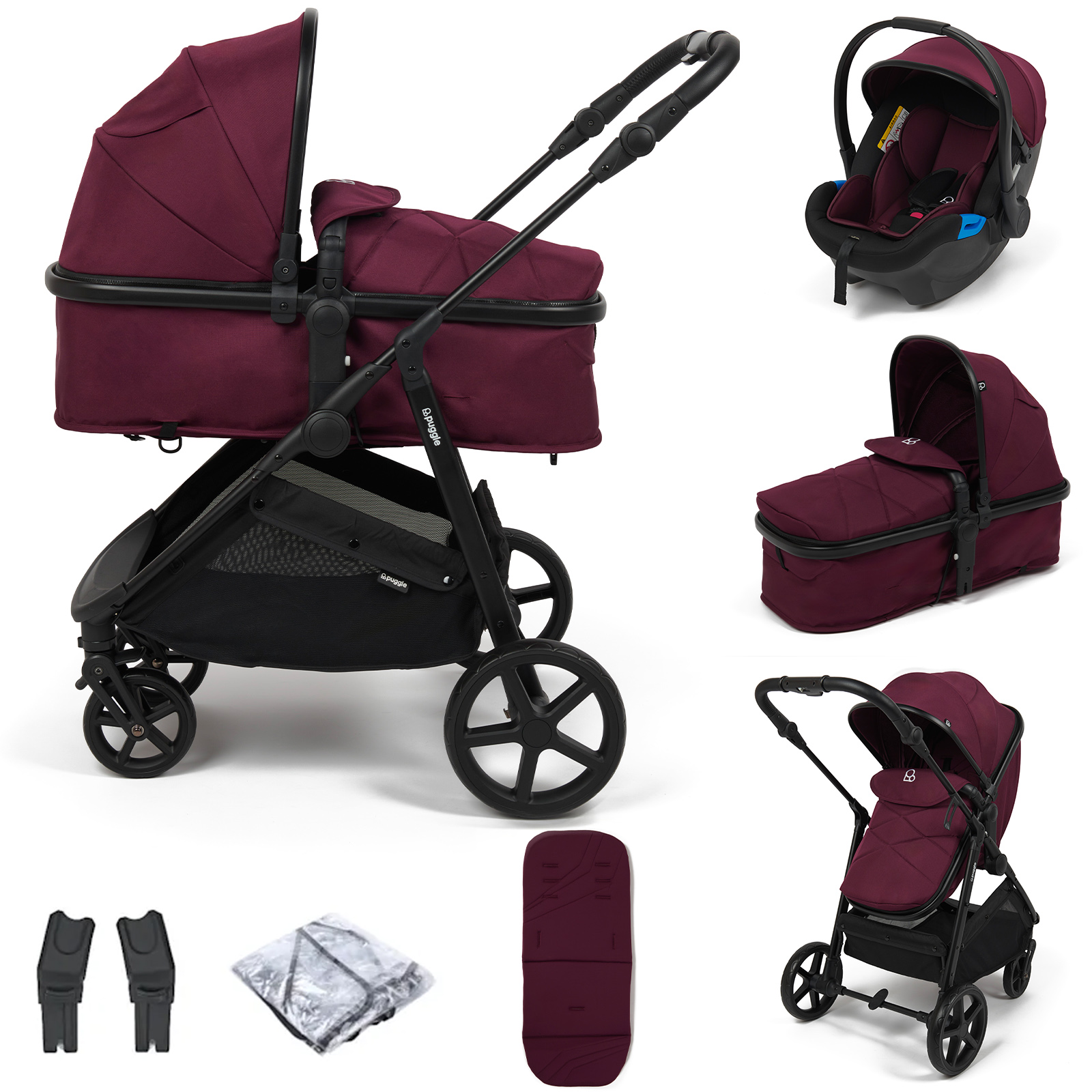 Puggle Monaco Xt 2-in-1 Pushchair With Adjustable Handle Travel System - Burgundy