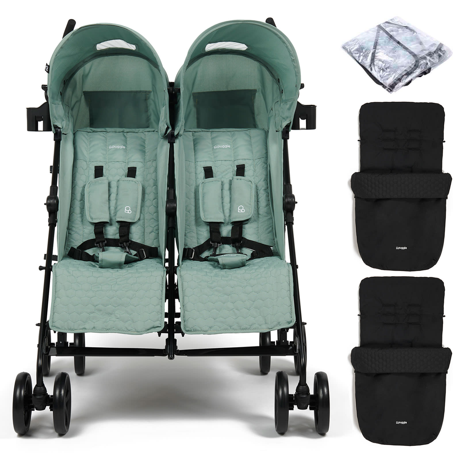 Puggle Litemax Double Pushchair with Raincover 2 Honeycomb Footmuffs Fern Green The Nursery Store