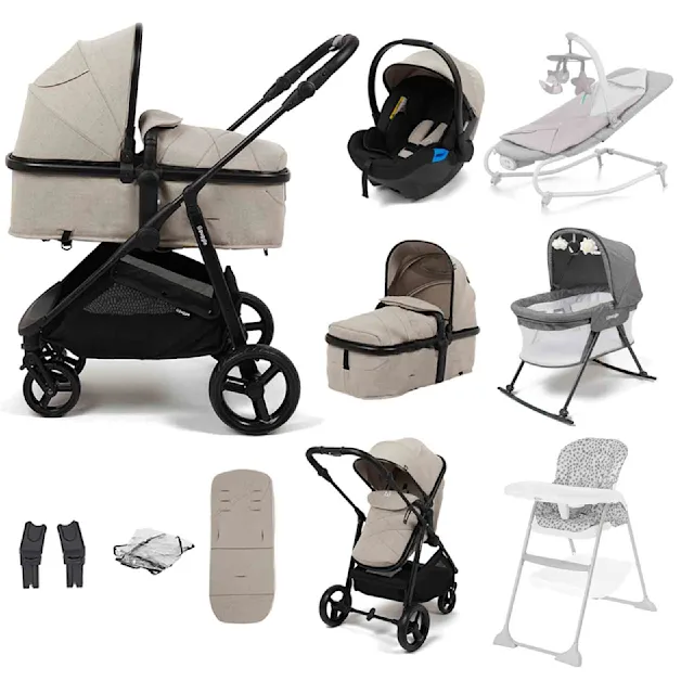 Puggle Monaco XT 2-in-1 Travel System with Car Seat, 8 Pcs Everything You Need Bundle - Cashmere