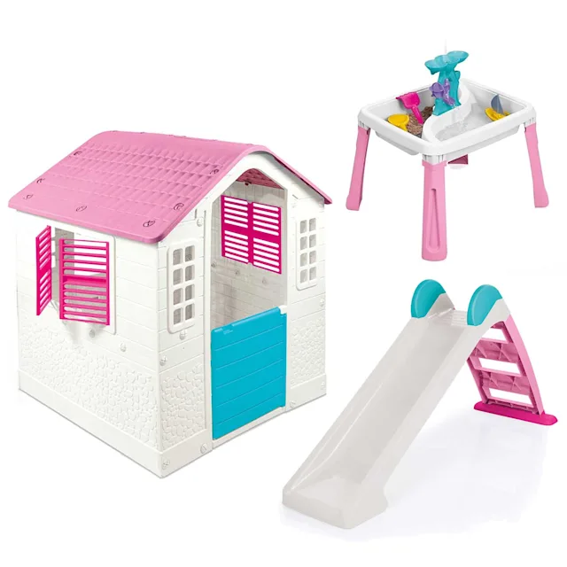 Dolu Playhouse with 2-in-1 Water Slide & 3-in-1 Water & Sand Activity Table 3-Piece Bundle - Pink (2+ Years)