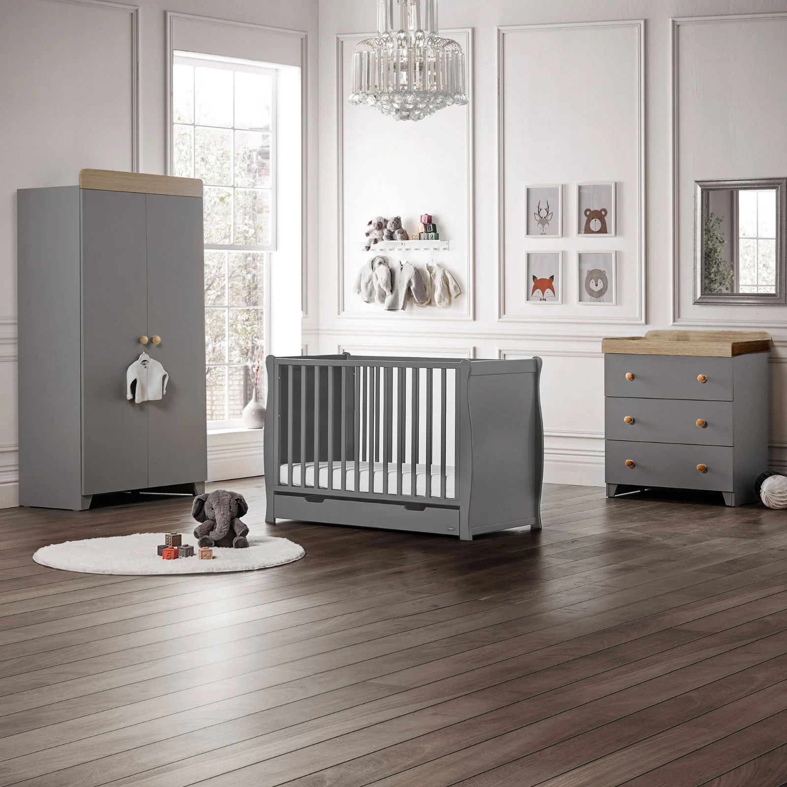 Puggle Chelford Sleigh Cot 6 Piece Nursery Furniture Set with 10cm Maxi Air Cool Sprung Mattress Grey Oak The Nursery Store