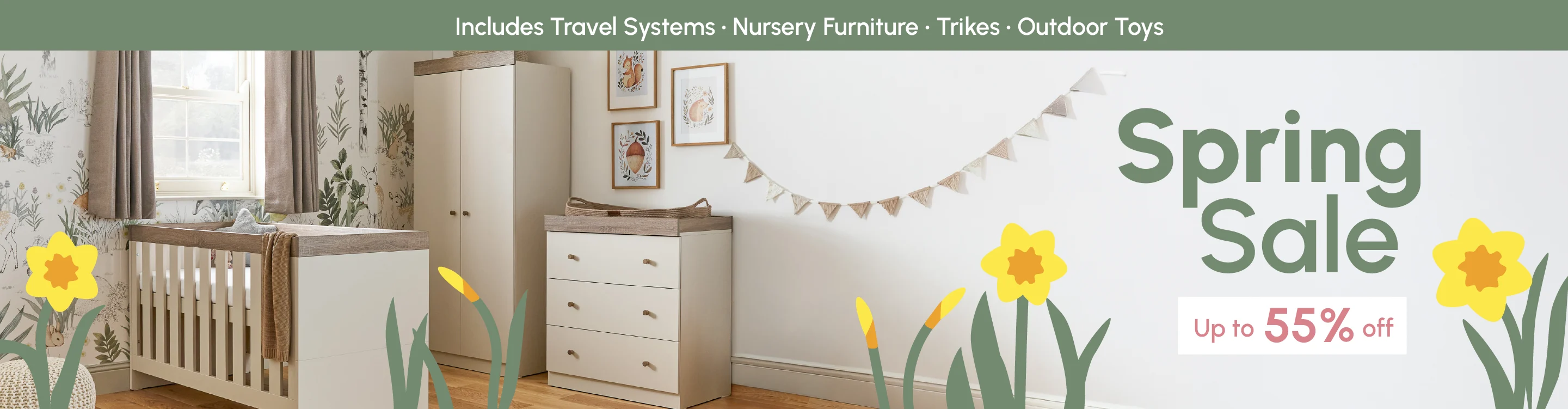 Spring Sale, Includes Travel Systems, Nursery Furniture, Trikes, Outdoor Toys, Up to 55% off