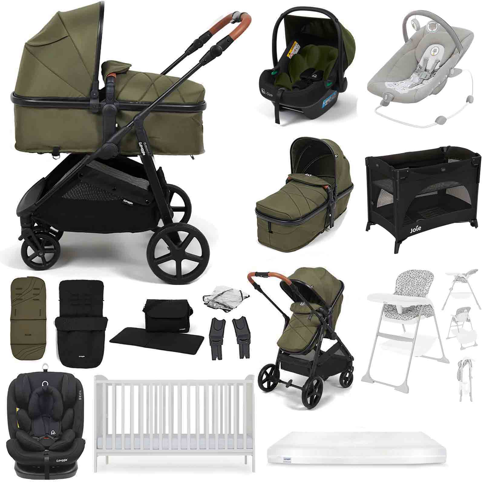 Puggle Monaco XT i-Size Travel System with Henbury Cot Bed & Mattress 15-Piece Bundle - Forest Green