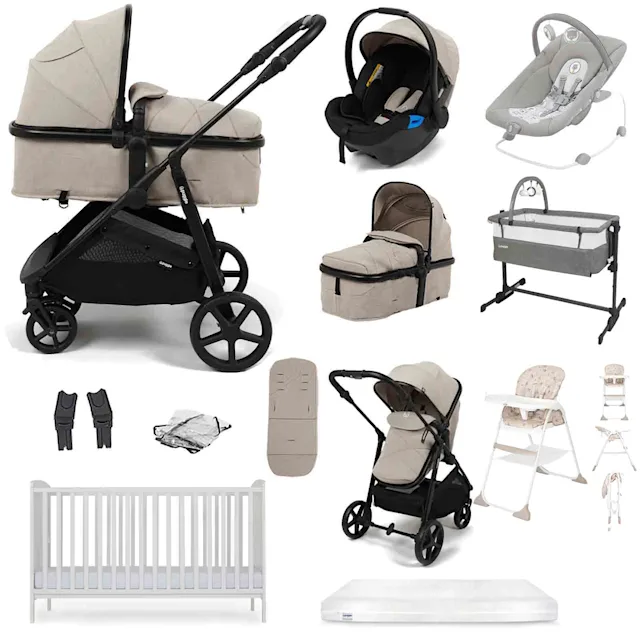 Puggle Monaco XT Travel System with Cot Bed & Mattress, 11 Pcs Everything You Need Bundle - Cashmere