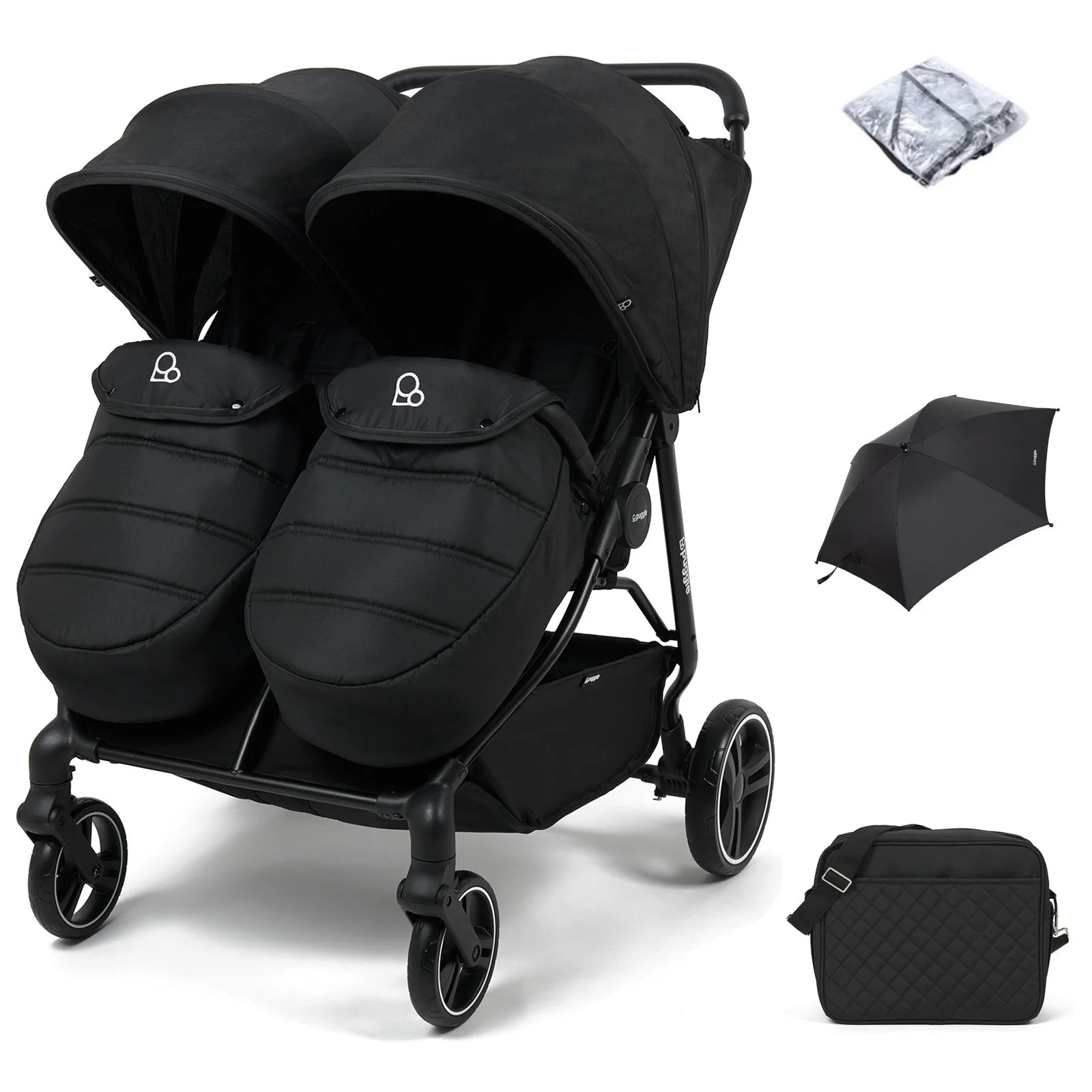 Puggle Urban City Easyfold Twin Pushchair with Footmuff Parasol Changing Bag Storm Black The Nursery Store