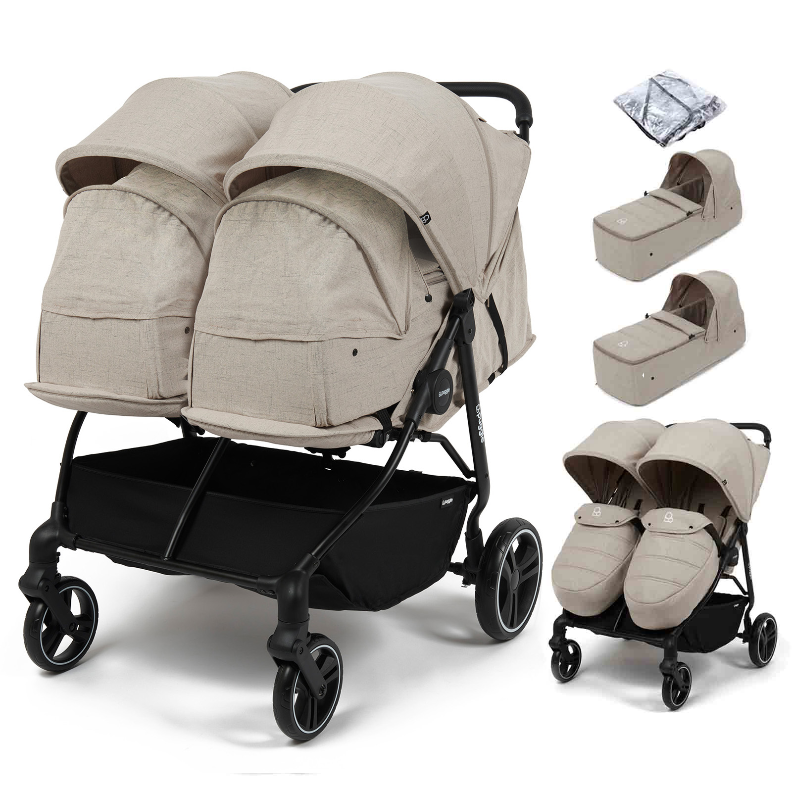 Puggle Urban City Easyfold Twin Double Pushchair with Footmuff & 2 Soft Carrycots - Cashmere