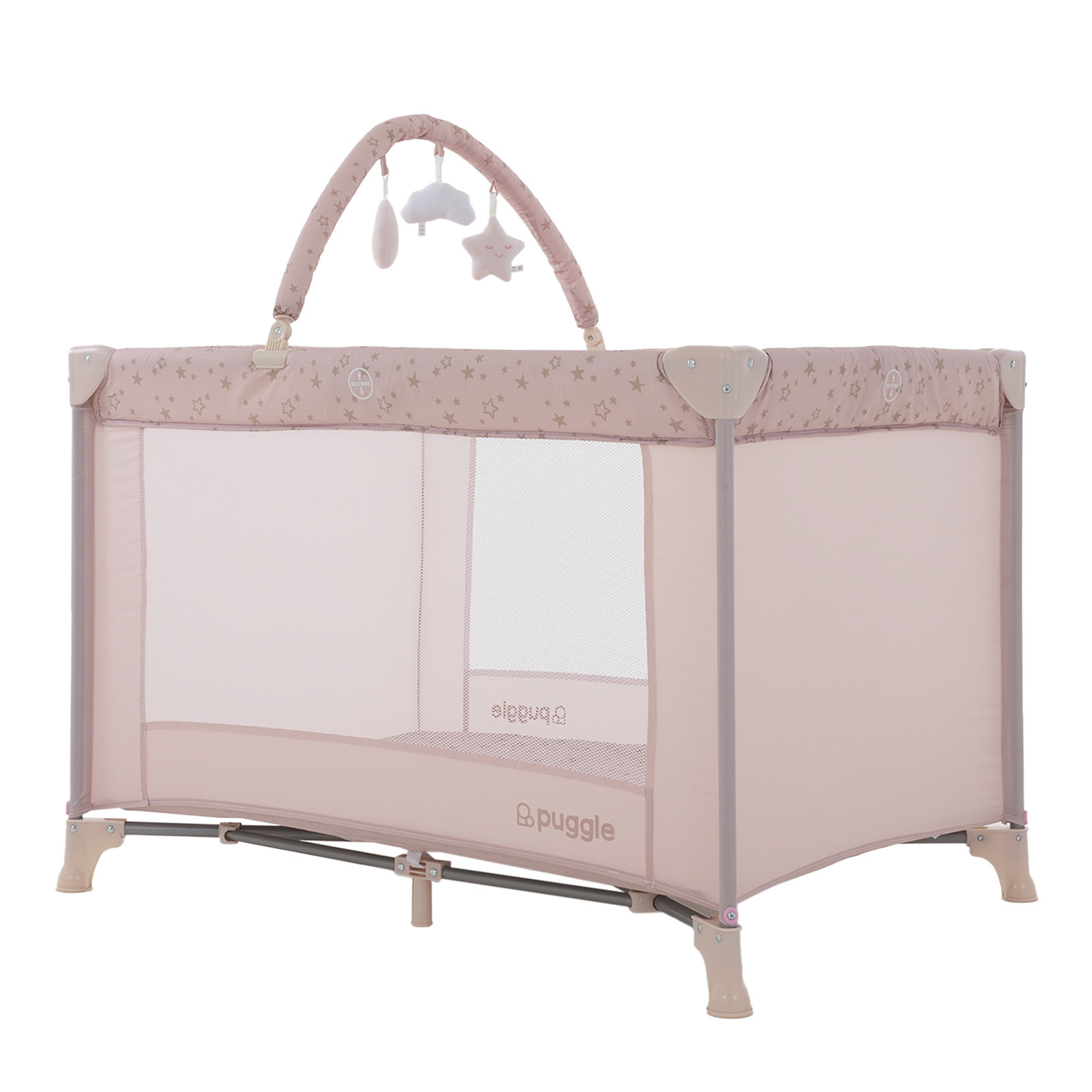 Puggle Compact 2-In-1 Travel Cot & Playpen With Toybar - Scattered Stars Pink