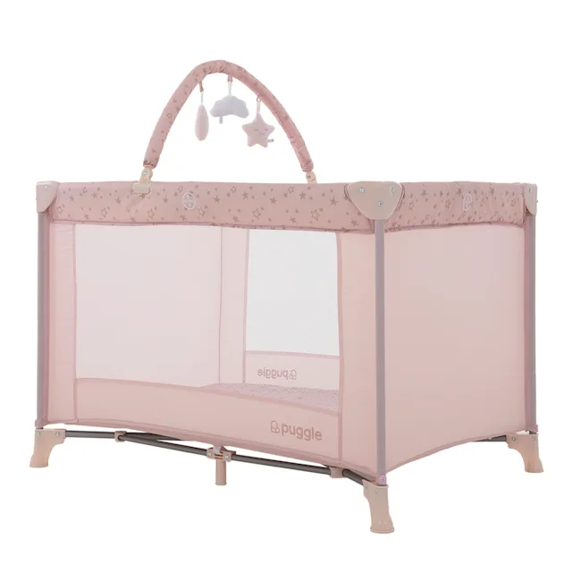 Puggle Compact 2-In-1 Travel Cot & Playpen With Toybar - Scattered Stars Pink