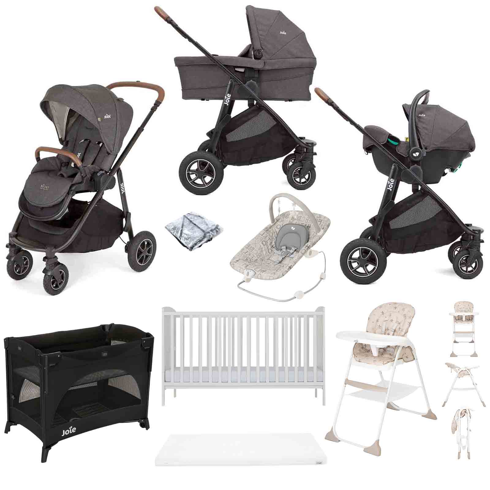 Joie Versatrax Cycle Trio Travel System with Henbury Cot Bed & Mattress 8-Piece Bundle - Shell Grey