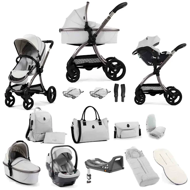 egg3 3-in-1 Luxury Travel System with i-Size Car Seat & ISOFIX Base 15-Piece Bundle - Houndstooth Silver