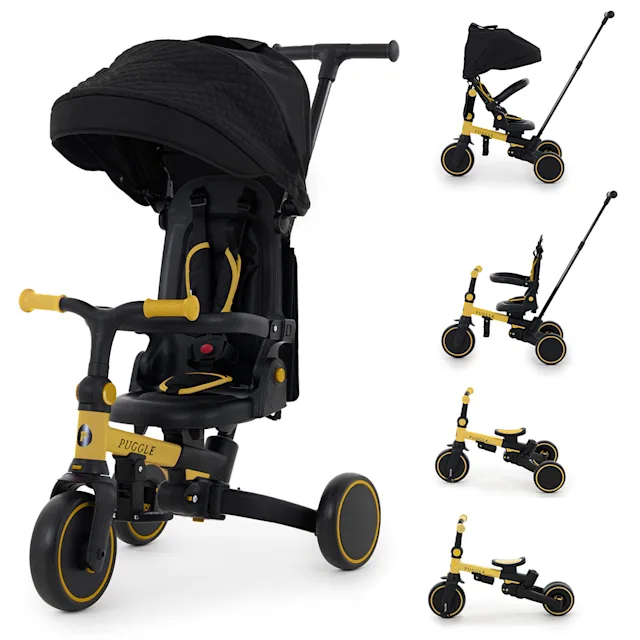 Puggle Spin Lite 6-in-1 Lightweight Folding Trike & Balance Bike with Handle - Yellow/Black (10 Months - 5 Years)