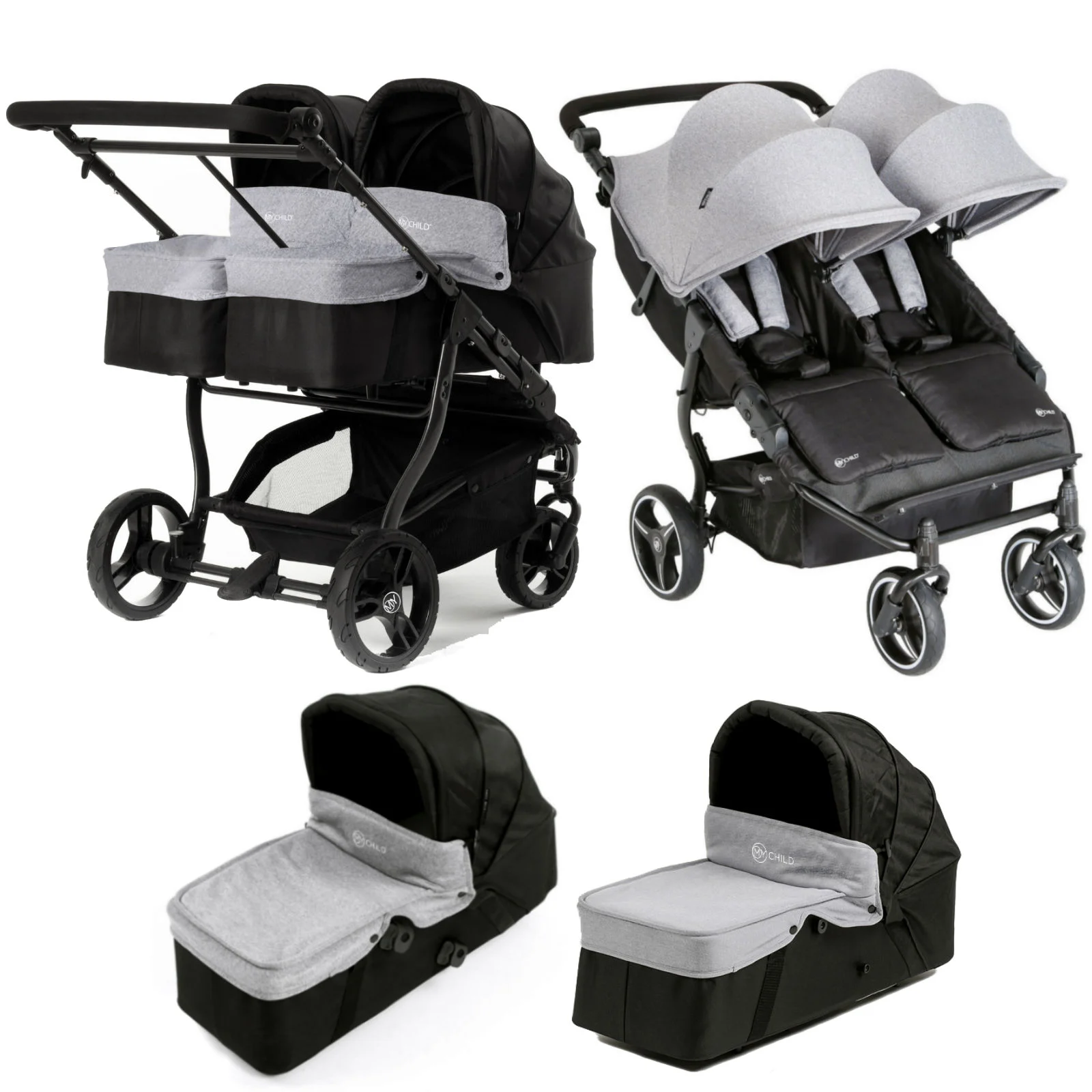 My Child Easy Twin 3.0 Slimline Double Stroller 65cm 2 Carrycots Grey The Nursery Store