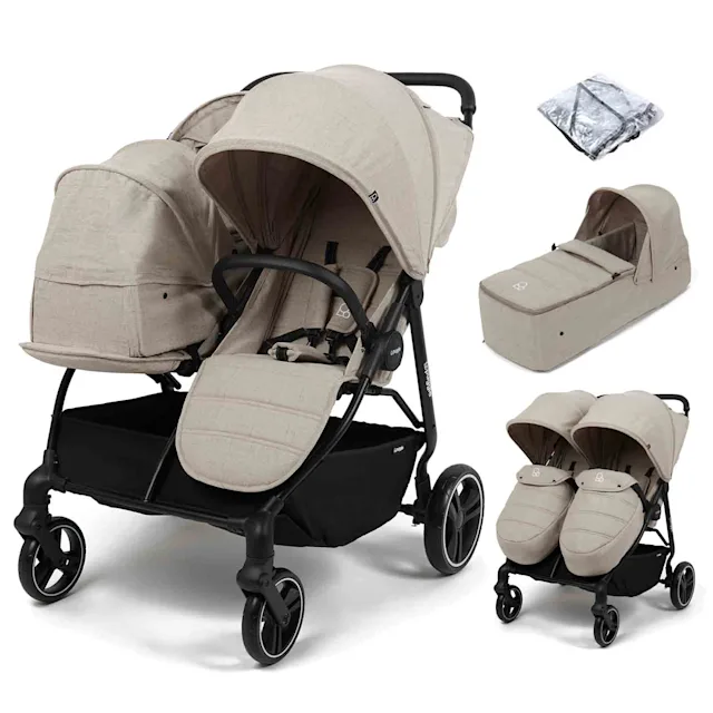 Puggle Urban City Easyfold Twin Double Pushchair With Footmuff & Carrycot - Cashmere