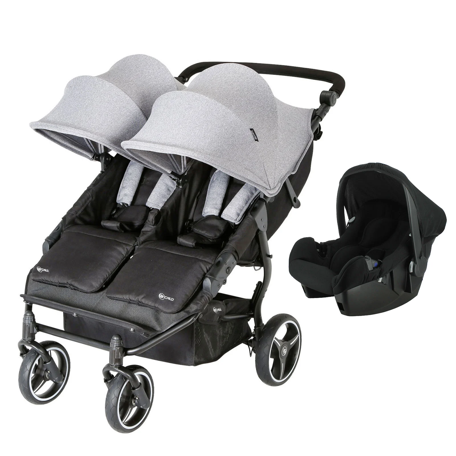 My Child Easy Twin 3.0 Slimline Double Stroller 65cm with Beone Infant Carrier Car Seat Grey The Nursery Store