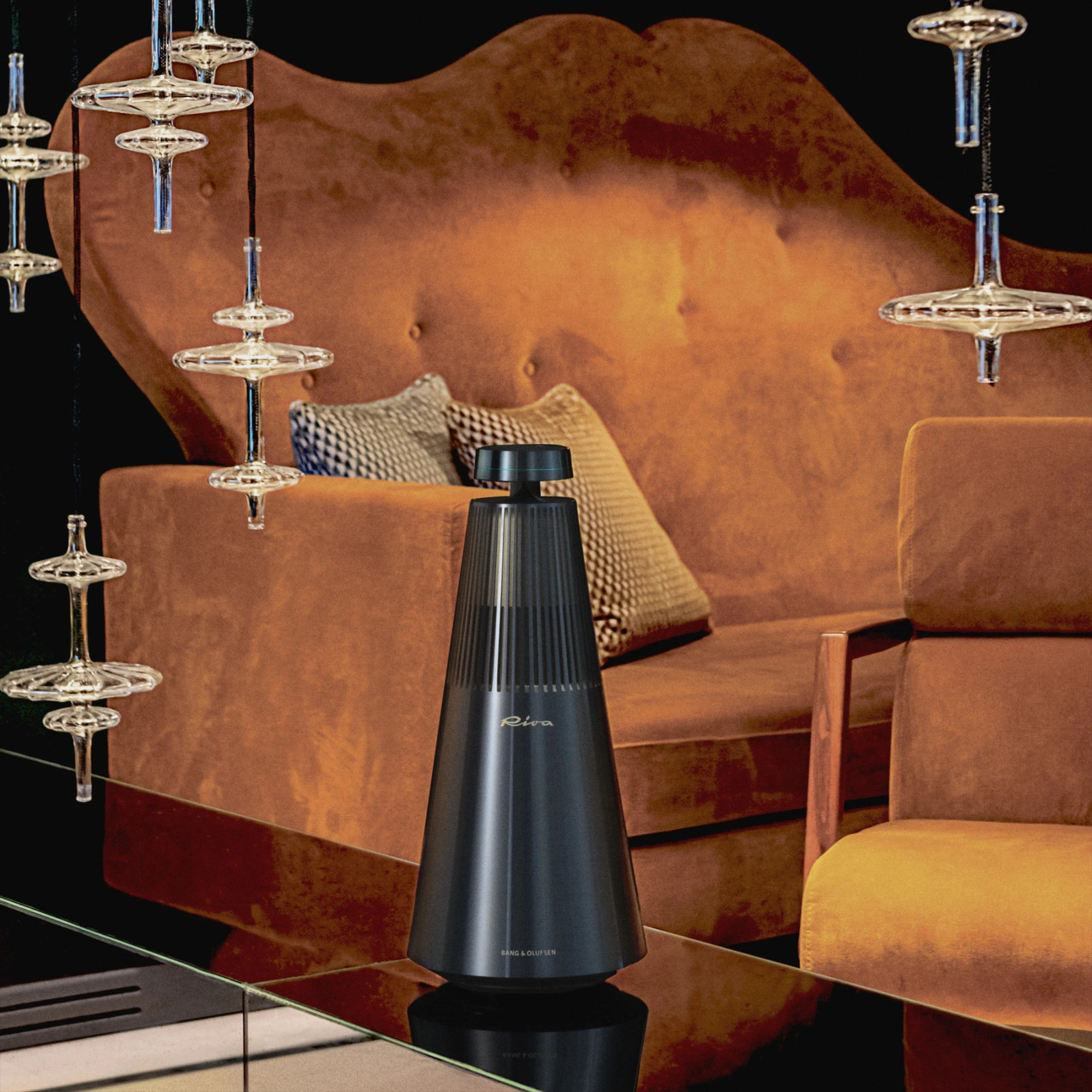 Beosound 2 Riva edition sitting in front of a couch