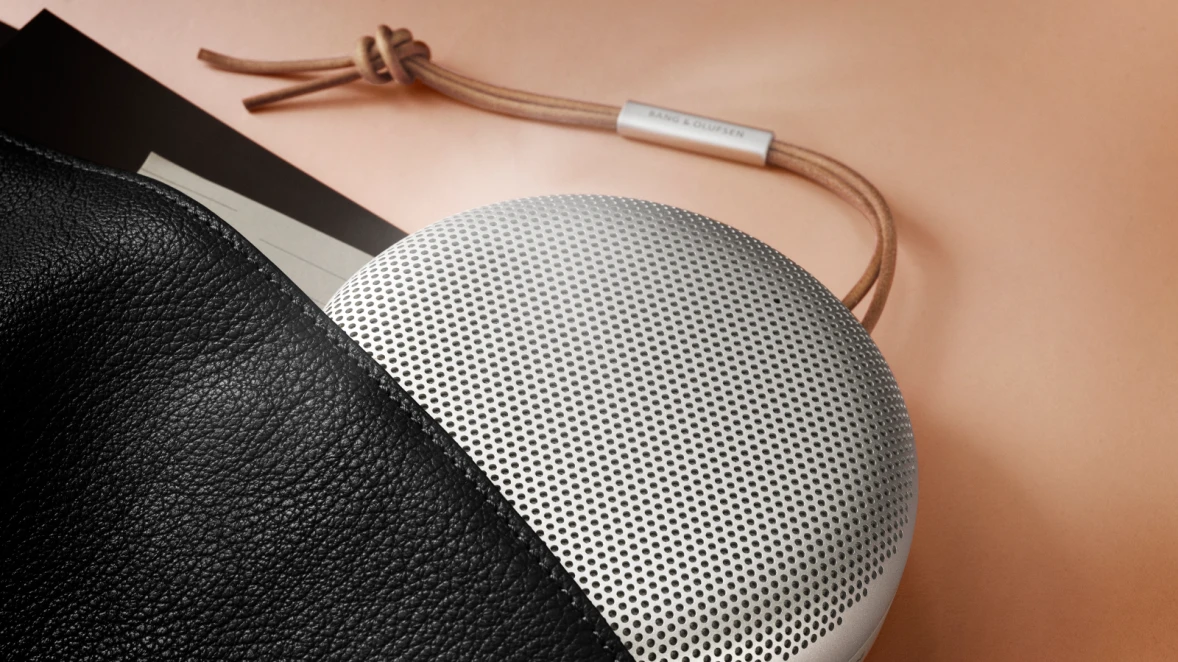 Beosound A1 Grey Mist perfectly fits in a black leather bag