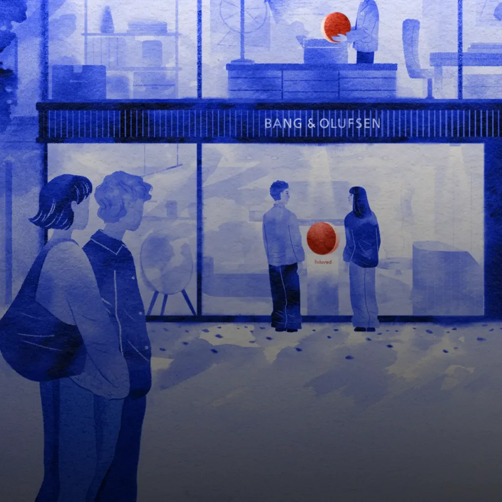 Illustration of people infront the Bang & Olufsen store, symbolizing that you can shop Reloved products in stores.