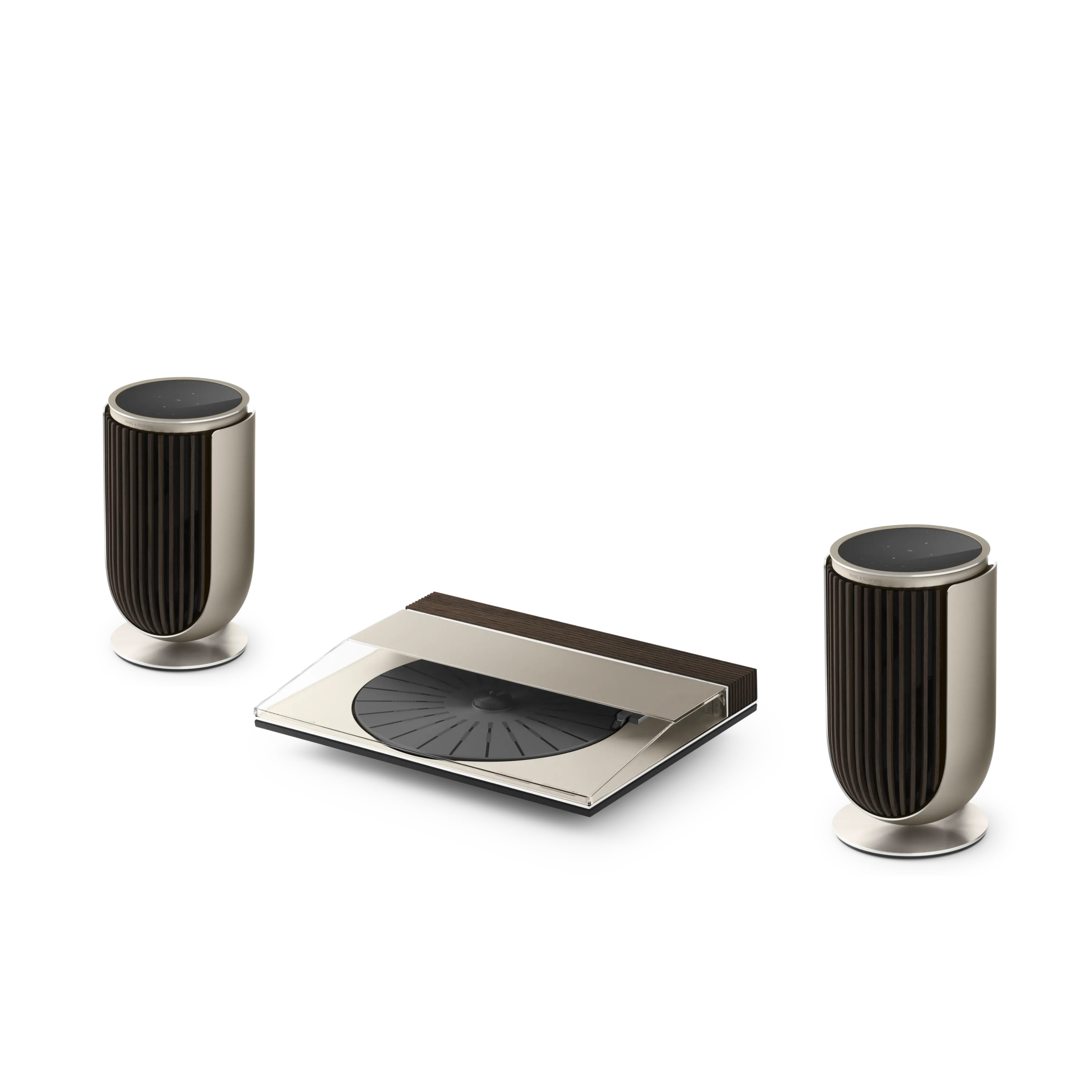 Beosound 3000c 系统，包含一台沙丘灰铝和深色胡桃木 Beogram 3000c，以及一套深橡木前罩 Beolab 8