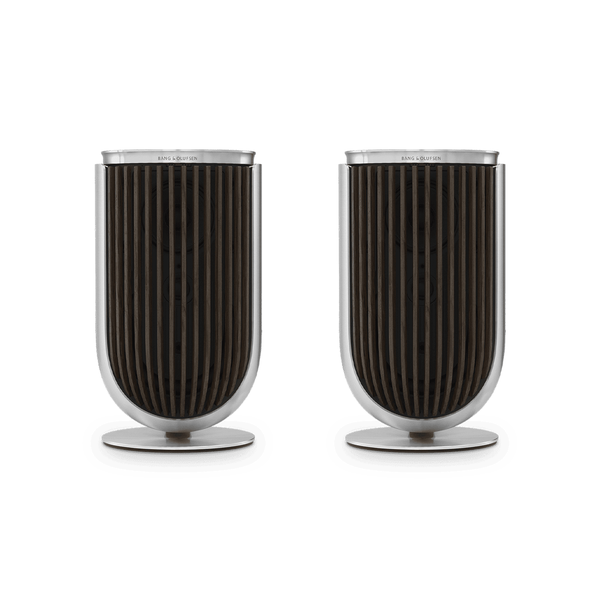 Beolab 8 in natural Aluminium and dark oak cover