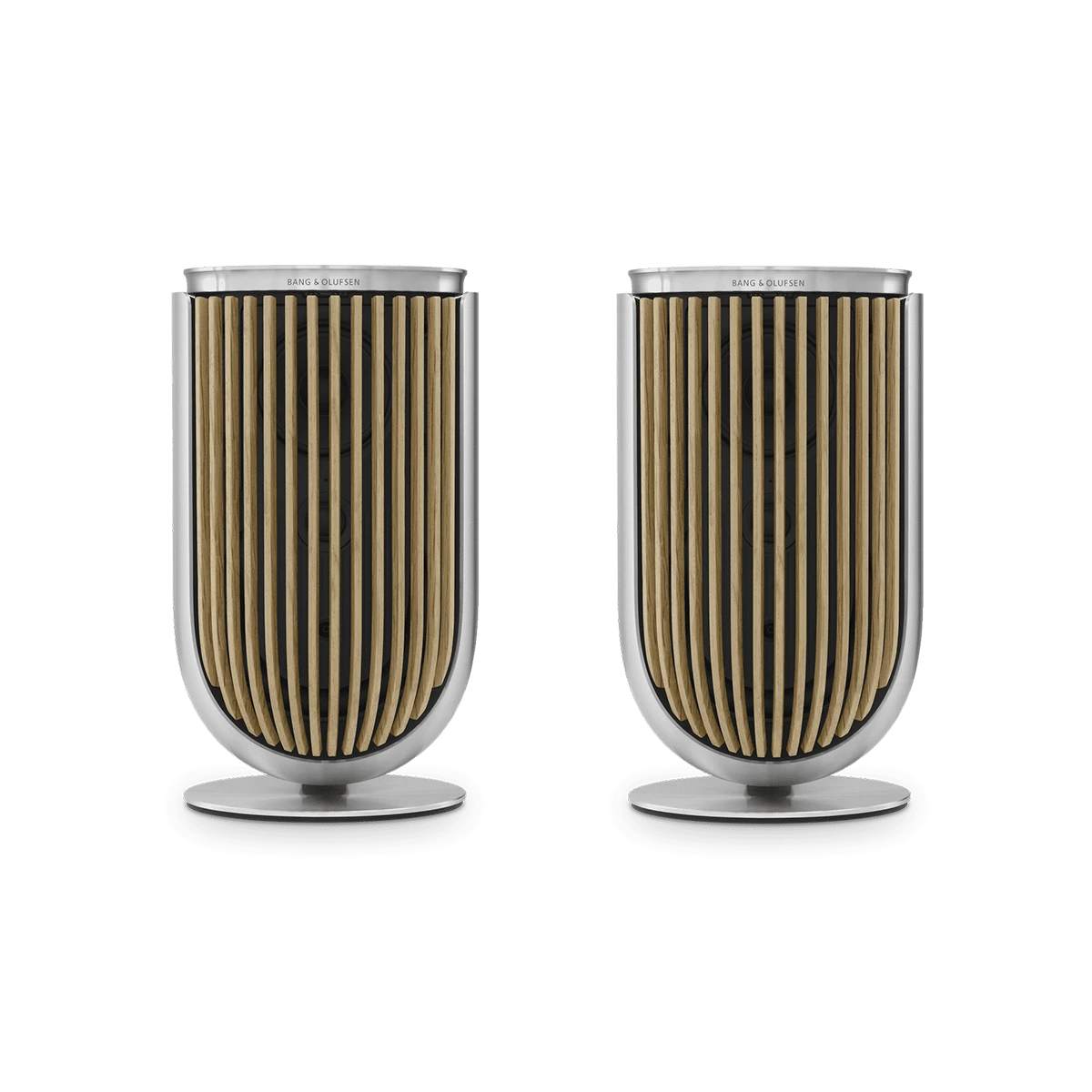 Product image of two Beolab 8 speakers on table stand in Natural aluminium with an Oak wooden cover
