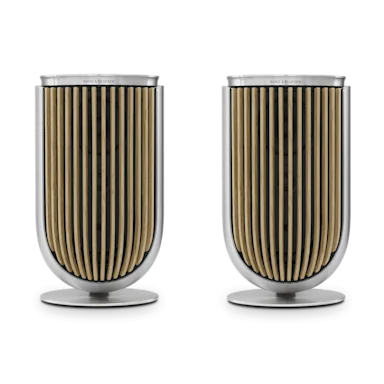 Product image of two Beolab 8 speakers on table stand in Natural aluminium with an Oak wooden cover