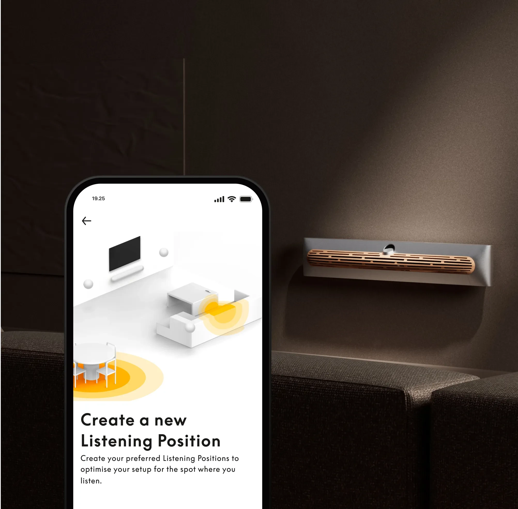 Capture d’écran du téléphone montrant la configuration de la position d’écoute de la barre de son Beosound Premiere dans l’appli B&O
